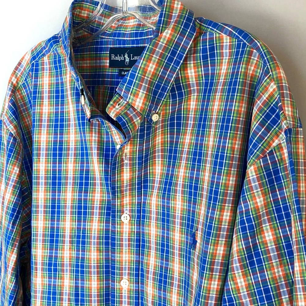 Ralph Lauren Button Down Shirt Multi Plaid Classic Fit Long Sleeve XL 18 34/35